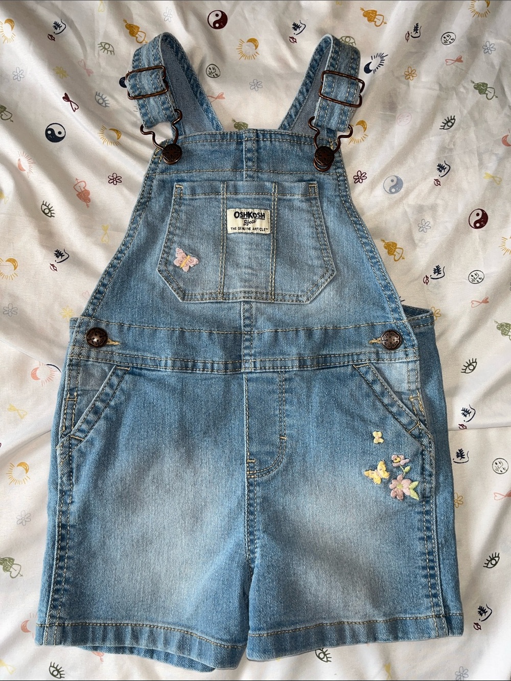 OshKosh B'gosh Light Denim Short Overalls with Floral Embroidery, 3T